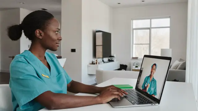 A worker abroad on a video call with an embassy officer